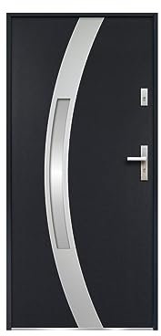 Vente-unique-Puerta de entrada de acero acristalada con inox Alt. 207 x Ancho 100 cm antracita - se abre hacia la izquierda TROFA