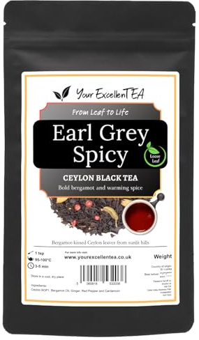 Earl Grey Spicy Loose Leaf Black Tea with Bergamot Oil & Spices, 100g | BOP1 Ceylon leaves blended with ginger, red pepper and cardamom for a warming citrus cup, packed in a resealable pouch.