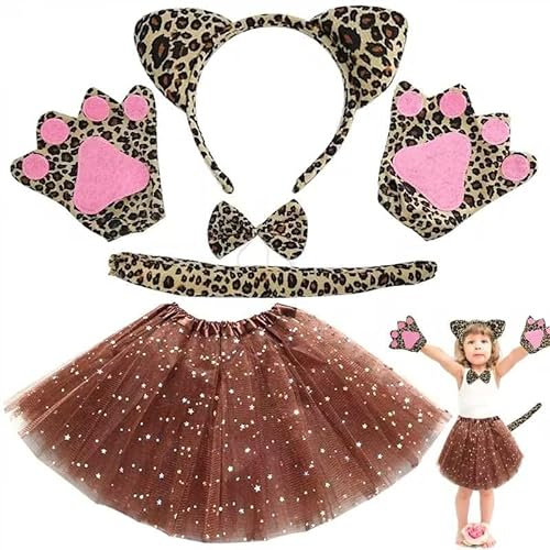 TOPJOWGA Costume Gatto Bambina, Costume Gatto Carnevale, Gonna Tutu, Orecchie da Gatto, Coda di Gatto, Cravatta a Farfalla, Guanti, Gatto Cosplay Costume per Bambini Carnevale