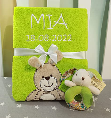 BotoBaby ★ GESCHENKSET Babydecke mit Namen und Datum Bestickt + Spielzeug Hase ★ Geschenk ★Geburt ★ Taufe ★ (Set 41)