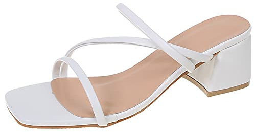 OALEEN Sandales Talon Femme Eté Confortable Bout Carré Lanière Nu-pieds Style Cuir Plage Soirée Mariage Chaussures Blanche 35