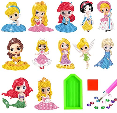 LGZIN Diamond Painting Enfant, 12 Pièces 5D Diamond Painting Autocollants Kits Enfants, DIY Princesse Peinture Diamant Autocollant, Broderie Diamant pour Enfants et Débutants Adultes
