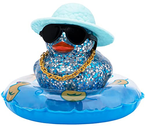wonuu Shining Rubber Ducks with Plastic Sunglasses Swim Ring Necklace Hat, Glittering Cute Car Accessories Decor Dashboard Decorations Duck Pink Ducky, Straw-Blue Aa-black Glasses-straw-blue