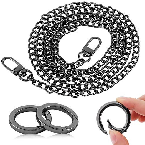 BETESSIN Handtasche Kette Metall 120cm Trageriemen mit 2Pcs Karabinerring O-Ring Taschen Ketten Schultergurt Geldbörse Schulterriemen Kettenriemen DIY Tascheherstellung Handwerk Schwarz