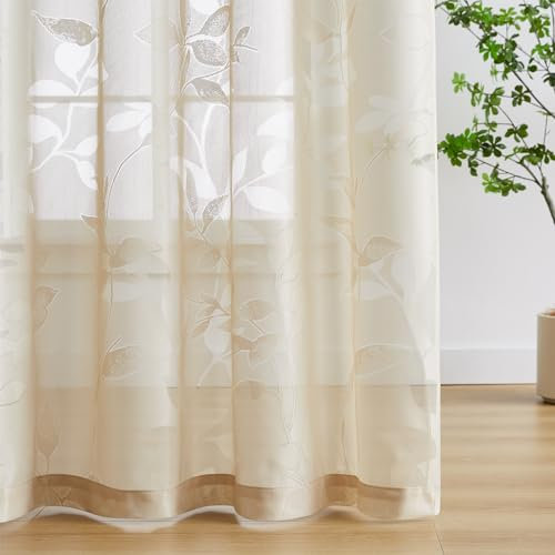 Treatmentex Durchsichtig Spitze Vorhang Jacquard Gardinen mit Ösen Blättermuster Halbtransparente Vorhänge Vintage Dekoschal Ösenvorhänge für Schlafzimmer Wohnzimmer, Beige, 2 Stücke,140×180CM(B×H)