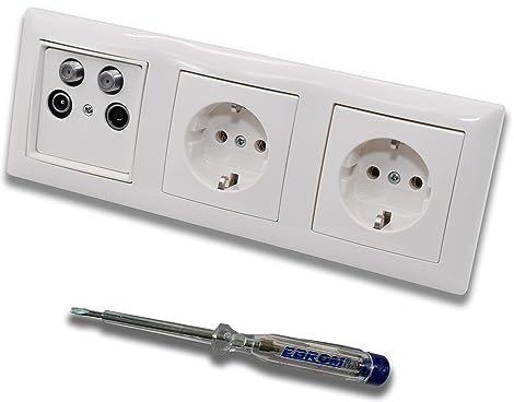 Busch Jäger SET: Unterputz 4-Loch Dose 40-2400 MHz, Enddose Stichdose, Radio/TV/SAT1 & SAT2. Inkl. BalanceSi alpinweiß 3fach Rahmen, 2 x Steckdose 20EUC-914 + EBROM Phasenprüfer zur Montage der Geräte