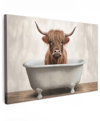 MuchoWow© Bilder Groß 120x80 cm XXL Wohnzimmer Deko Modern Wandbild Foto auf Leinwand Bild Schlafzimmer Room Decor Geschenke Hochlandrind - Highland Cow - Bad - Badezimmer - Badewanne - Braun