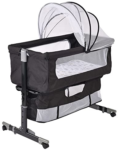 Willonin Beistellwiege mit Matratze und Moskitonetz, 2-in-1, Codododo-Babybett, für Babys von 1 bis 36 Monaten, faltbar, 2-in-1, Babywiege, Mobile Beistellbett (B,92 x 58 x 70-90 cm, schwarz)