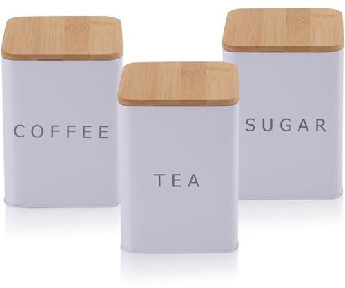 LOSYHU 1.6 Litres Tea Coffee & Sugar Canisters Set of 3, Kitchen Canister Set with Airtight Bamboo Lid, Coffee and Tea Storage Jars Kitchen Storage Tins (White, Square)