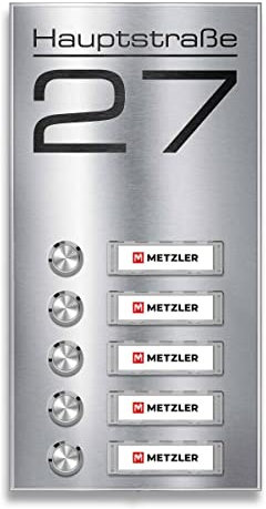 Metzler Aufputz Funkklingel für Mehrfamilienhäuser - V2A Edelstahl - Austauschbare Namensschilder - Inkl. Gravur (Straßenname) - wählbare Namensschild & Drucktaster-Beleuchtung - 5-Fach | Tara M5