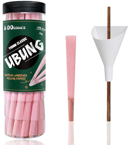 UBUNG Cônes, 100 Cônes, King Size couleur rose cône pré roulé avec filtres, King Size cône fini feuille à rouler, Comprend 1 trémie et 1 poussoir pour emballage rapide