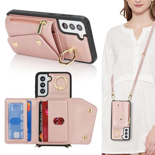 Lipvina Coque pour Samsung Galaxy S21 avec Cordon Porte Carte Coque zippé Portefeuille Femme Telephone Portable Réglable Collier Housse Étui avec Anneau pour Femmes - Rose