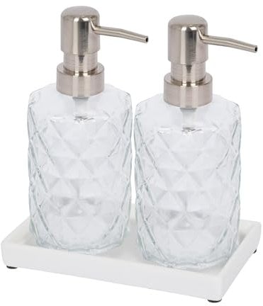 Harbour Housewares 2pc Prism Glass Soap Dispenser Set with Ceramic Tray - 330ml Refillable Soap Dispensers Hand and Dish Soap Pump Dispenser for Bathroom, Kitchen, Laundry Room