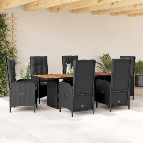 Gecheer 7-TLG. Rattan Gartenmöbel Set, Sitzgruppe Garten Lounge 6 Stühle mit Tisch, Garten Essgruppe 6 Personen, Loungemöbel Terrassenmöbel Balkonmöbel Gartengarnitur mit Kissen Schwarz