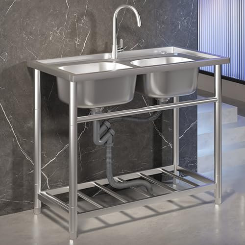 Lavandino da Esterno,Lavello Cucina 2 Vasche,Lavandino Campeggio Autoportante,Lavatoio Lavanderia Mobile in Acciaio Inox,Doppio Lavabo con Rubinetto,Facile da pulire,per Cucina da Esterno,Garage