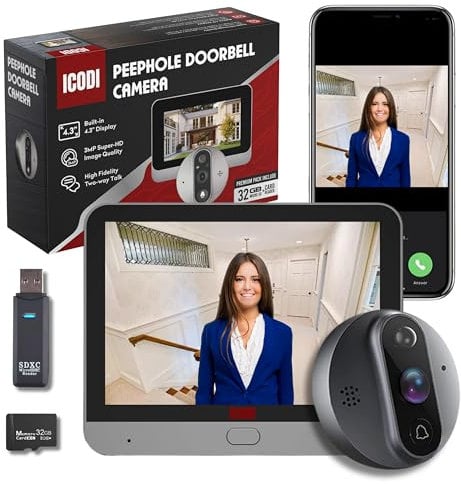 ICODI Mirilla Digital Puerta WiFi Grabadora, Pack Premium 3MP Super-HD, Pantalla 4.3, 5200 mAh, Sin Suscripción ni Cuotas, con MicroSD de 32GB, Alexa/Google Home, hasta 4 Dispositivos, App TuyaSmart