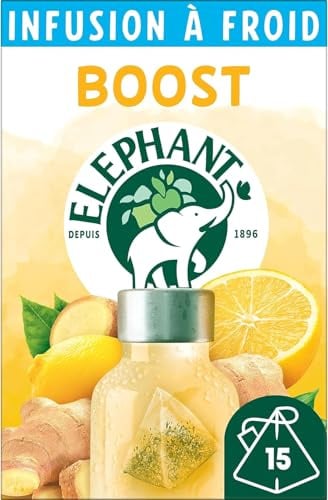 Elephant Infusion à Froid Citron Gingembre Boost Naturel, 15 Sachets | fruitée, sans sucre et théine, 100% ingrédients d'origine naturelle, boisson estivale rafraîchissante, thé glacé énergisant