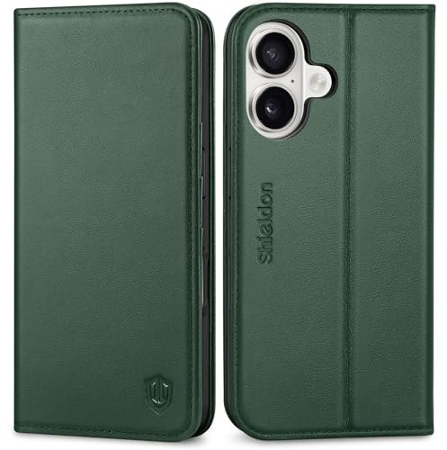 SHIELDON Case for iPhone 16 6.1 2024, Genuine Leather Flip Wallet with Card Holder [RFID Blocking][Viewing Stand][Shockproof TPU Shell] Magnetic Folio Phone Case Compatible with iPhone 16 - Evergreen