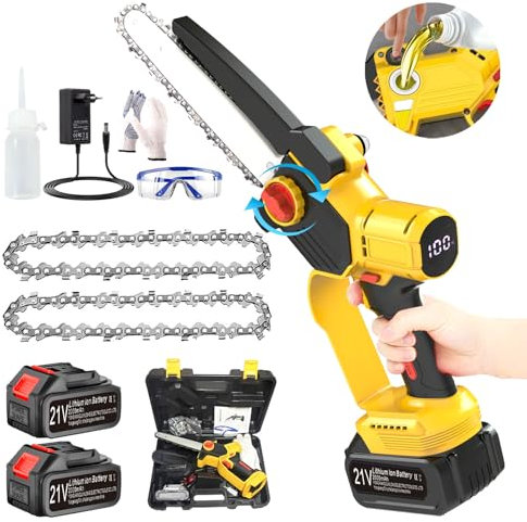 Mini Motosega a Batteria 8 Pollici Motosega a Batteria con Pompetta Olio, Brushless Motosega Elettrica 21V Sega a Batteria per Potatura con Chiusure di Sicurezza A Destra e A Sinistra, Yellow,c