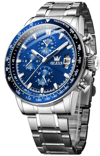 OLEVS Herrenuhren Business Kleid Quarz Multifunktions Chronograph Blaues Zifferblatt Edelstahl Kalender wasserdichte leuchtende Uhren Männer