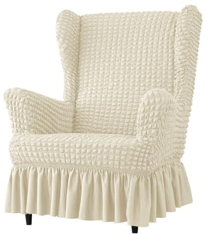 ZRCYXDW Elastischem Ohrensessel Überzug, Seersucker Mit Rock Husse Für Ohrensessel Abnehmbar Sesselüberwurf 1 Stück Weicher Ohrensessel Schonbezuge-Cremeweiß-1 Stück