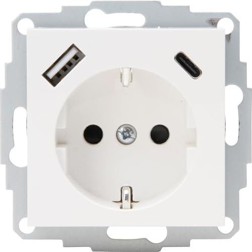 Kopp HK07 - Unterputz-Schutzkontakt Steckdose, USB C Ladebuchsen und USB A Ladebuchse, Ausgangsstrom Ladebuchsen max. 3A, 5V, 55x55mm Abdeckungen, Nennstrom 16A, Nennspannung 250V~, Farbe: reinweiß