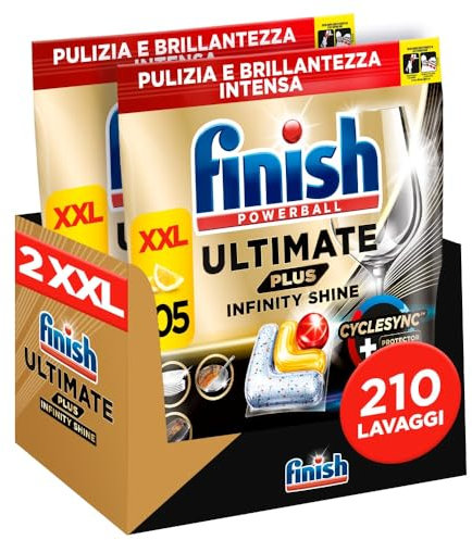 Finish Ultimate PLUS Infinity Shine Pastiglie Lavastoviglie al Limone, 105 Capsule con Scudo Protettivo contro lo Sporco e i Residui Incrostati (Confezione da 2)