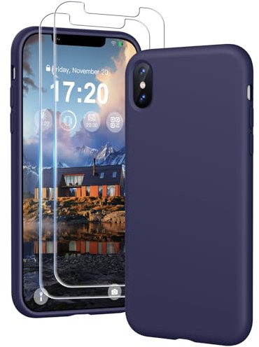 PuyaTeya 3 in 1 Hülle für iPhone X/XS, mit 2 Stück 9H Panzerglas Premium Liquid Silikon Hülle, mit 4-Layer stoßfeste abriebfestes, Soft Mikrofaserfutter Kratzfes Schutzhülle(bei Nacht Blue)