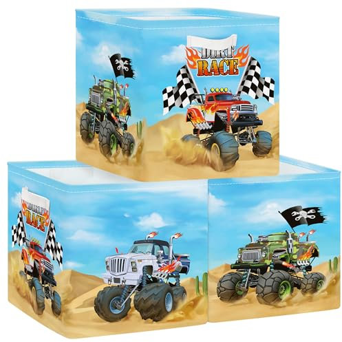 Clastyle Cars Kid Storage Cube Organizer Set Closet Clothes Cube Storage Bin Nursery Toddler Toy Box Chest Girl Boy Book Shelf Basket, Monster Truck, 11.8x11.8x11.8 in