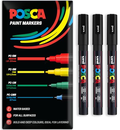 Posca Water Based Acrylic Paint Marker Pens | Multi Surface Use Permanent Paint Pen | Pack of 3 Pens in Envelope Gift Packaging | Glass, Fabric, Canvas, Wood etc | PC-3M, Black