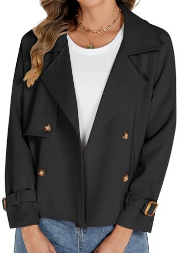 Tuopuda Gabardina Corta Mujer Trench Casual Abrigos Primavera Otoño Viento Chaqueta Ligera Cuello Solapa Clásica Doble Botonadura Cortaviento Chaqueta Entretiempo, Negro, M