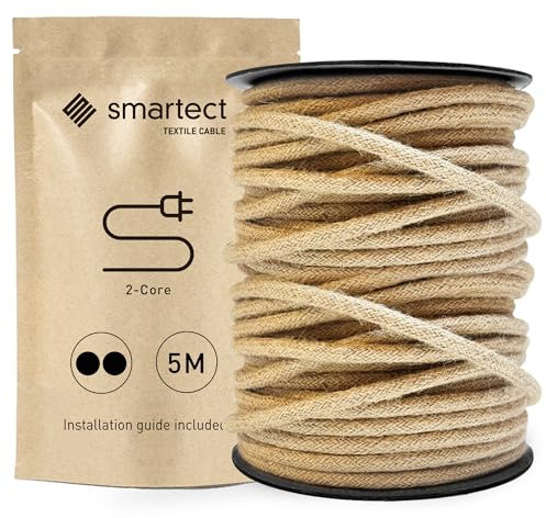 smartect Cavo Elettrico Tessile Juta, 5 Metri Filo Elettrico Vintage, Bipolare (2 x 0.75mm²) Cavo Elettrico Rivestito in Tessuto per Fai da Te