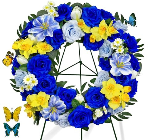 Friedhofskränze für Grabdekoration, Grabsteinkranz mit 76,2 cm Grabstein-Blumenhalter, blaue Rosen, Tulpen, Narzissen