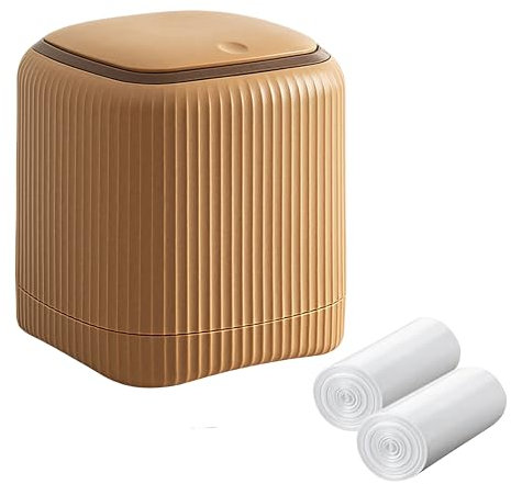 MEETOZ Desktop Trash Can,with Press Type Lid,Mini Plastic Desktop Trash Bin for Family Living Room Kitchen Bathroom Office Car Indoor Plastic Trash Can,with 60 sheets of Trash Bags (Brown)