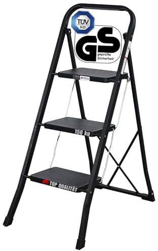 PROREGAL Escabeau Pliant avec Certification TÜV/GS, 3 marches avec Surface striée HxLxP 103x47x70 cm Capacité de Charge 150kg Acier Noir Mat, Marche Pied Pliant, Échelle Domestique