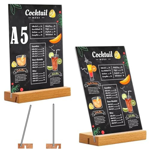 qhklew A5 Tischaufsteller, 2 Stück Acryl Tischständer mit Holzfuß, Acryl Fotoaufsteller Werbeaufsteller Display, Doppelseitiger Displayständer für Preisschilder, für Restaurants, Cafés, Büros