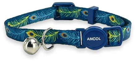 Ancol Adjustable Cat Collar with Safety Bell and Break Apart Buckle Elegant Peacock Feather Pattern