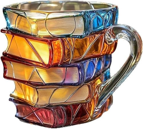 Painted Book Mug, 300ML Bunt Glas Buch Kaffeetassen, Gestapelte Buchbecher, Unique Books Stack Coffee Cup, Lackierter Buchbecher, Home Deko für Buchliebhaber Leser Lehrer