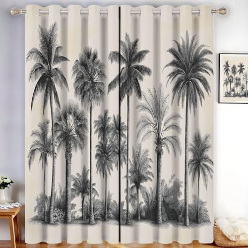 MLSOWM Illustration im Retro-Stil Vorhänge, Dattelpalmen und Palmen Verdunklungsvorhänge mit Ösen, Hellgrau Blickdicht Gardinen für Wohnzimmer Schlafzimmer Dekoration, 2er Set, H245 x B140 cm