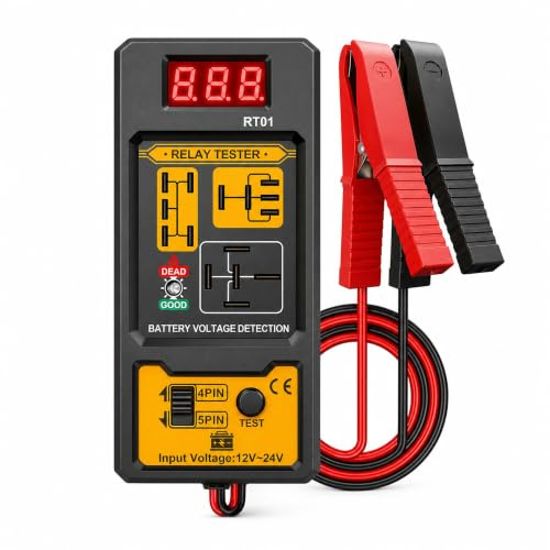 Kfz-Relais-Tester mit digitalem LCD-Display für 12V/24V Relais und Batterien, 4-poliger 5-poliger Relaisanalysator, kompatibel für Autos, LKWs, Motorräder, Marinefahrzeuge