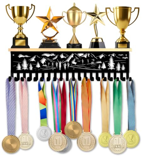 SUPERDANT Medaillen Aufhängung Holz Trophäen Regal Mit 18 Haken Metallhalter Wandmontage Sportmedaillen Ablage Geschenk Für Kinder Athleten