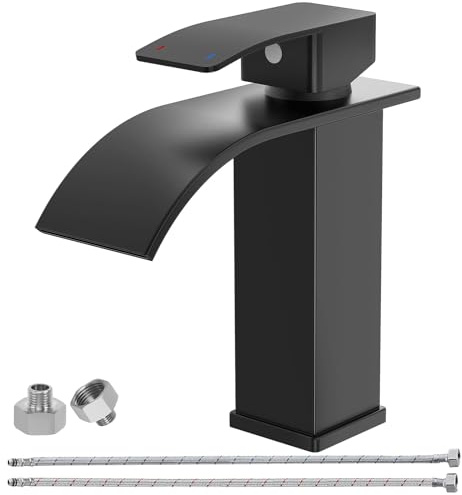 Wasserhahn Bad Schwarz Matt Wasserfall Wasserhahn Einhebelmischer | Einloch-Waschtischarmatur Edelstahl-Badarmatur mit Auslauf Höhe 110MM, Wassersparend Energiesparend von BATHLAVISH