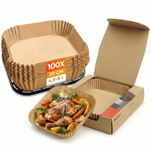 ONBEST Backpapier 20x20 cm Heißluftfritteuse 100 Stück | Eckige Airfryer- und Air Fryer-Einlagen, BPA frei, bis 230 °C, Zubehör in Spenderbox, universal 4,5-8 L