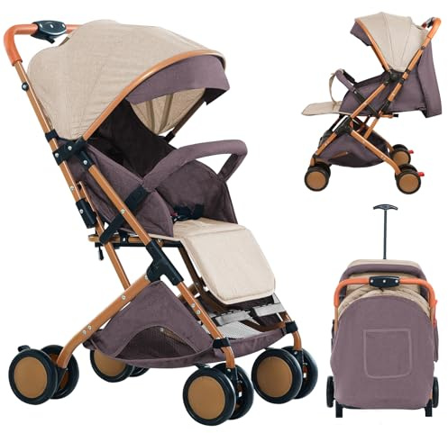 MUL-BOUTIQUE Ultrakompakter Kinderwagen von 0 bis 6 Jahren, Reisekinderwagen mit 5-Punkt-Sicherheitsgurt, Aufbewahrung von nur einem Stück, mit Taschen und Sonnenblende (Khaki)