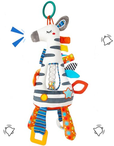 Funsland Baby Kinderwagen Spielzeug, Hängespielzeug mit Glocke, Clip auf Babyschale Spielzeug für Mädchen und Jungen, Plüsch Tier Activity Spielzeug Geschenk für Neugeborene 0,3,6,12 Monate,Zebra
