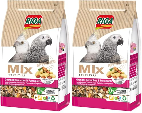 Riga - Menu Mix Grandes Perruches Et Perroquets - Nourriture pour Oiseaux - 20 Ingrédients - Arachides - Oligo-Eléments - Digestion, Croissance, Brillance Plumage - 0% Colorant/Conservateurs - 1,75kg