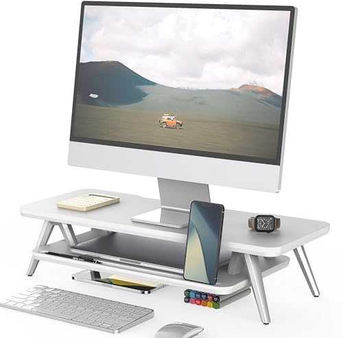 Fenge Soporte Monitor, Pantalla Ordenador Portátil, Blanco, 60cm | Hasta 40kg, Ranura para Smartphone Tablet Bolígrafo, Gestión Cables, Patas Aluminio, Impresora Escritorio Mesa Oficina Hogar