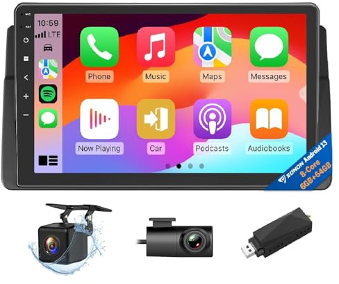 Eonon 9 Zoll für BMW 3er E46 1998 1999 2000 2001 2002 2003 2004 2005 2006 6+64GB Android 13 Autoradio Bildschirm GPS 4G Wireless Carplay Android Auto Bluetooth Rückfahrkamera + Dashcam + DAB-Dongle