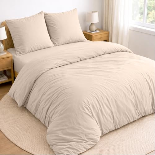 Twinzen - Parure de Lit 160x200-4 Pièces - Beige - Microfibre Douce | Housse de Couette 220x240 · 2 Taies Oreiller 65x65 · Drap Housse 160x200 · OEKO-TEX · Linge de Lit Adulte
