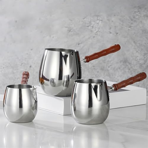 Tidevib Turkish Coffee Pot for Stainless Steel with Wooden Handle Chocolate Melting and Sauce Heating, 300ML/420ML/600ML